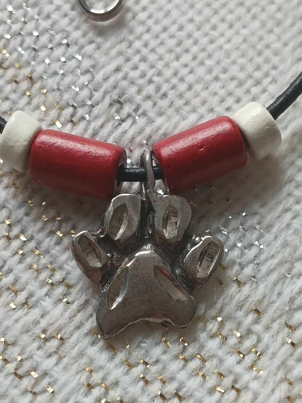 Sterling Silver Paw Pendant On Black Cord Necklace With White And Red Beads Vint